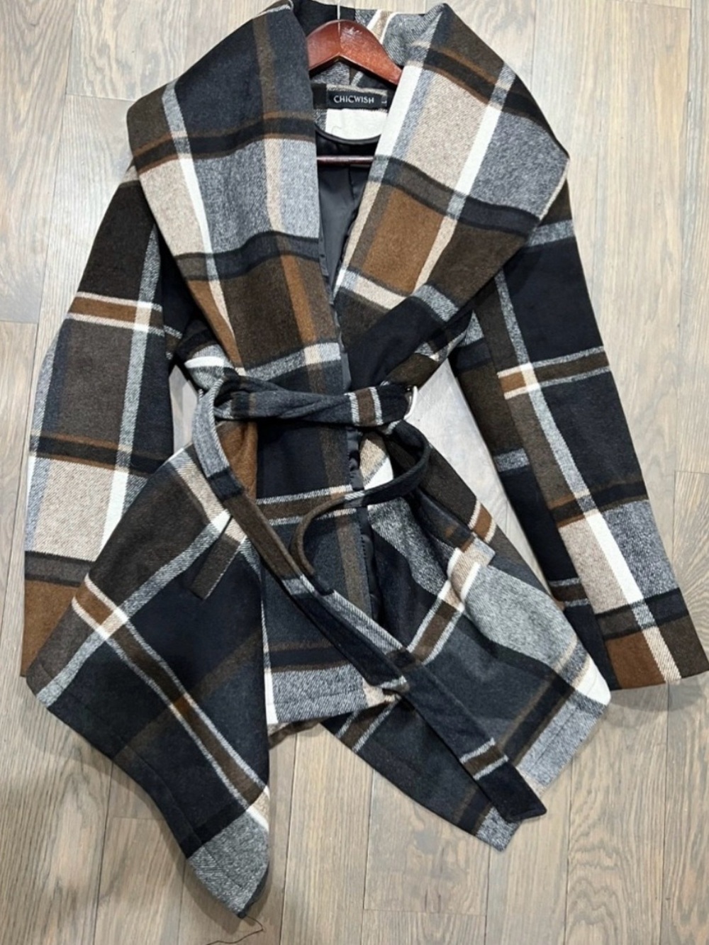 Chicwish Black, Brown & Gray Plaid Belted Pea Coat